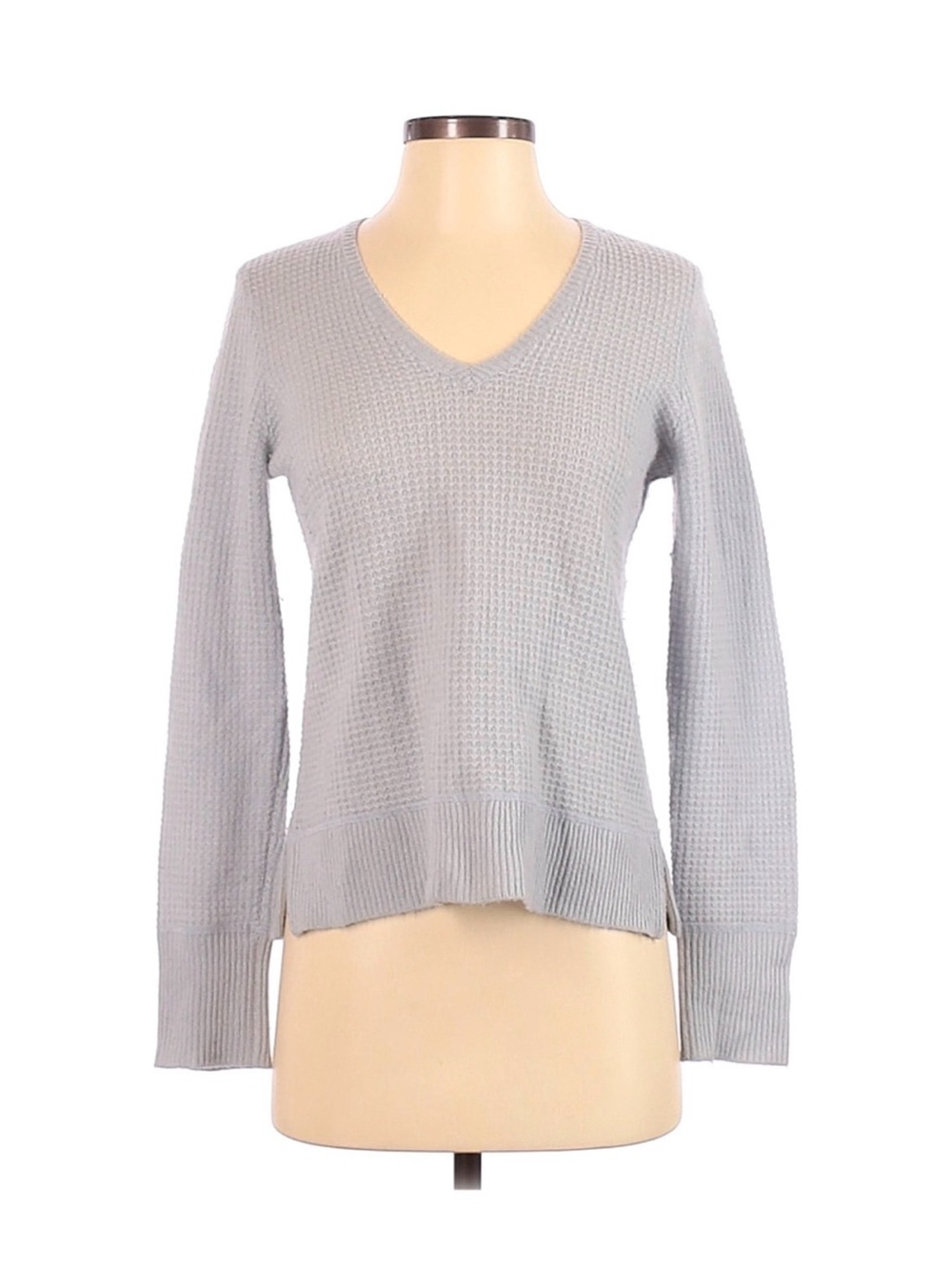Women’s Cashmere Light Gray V-Neck Waffle Knit Sweater